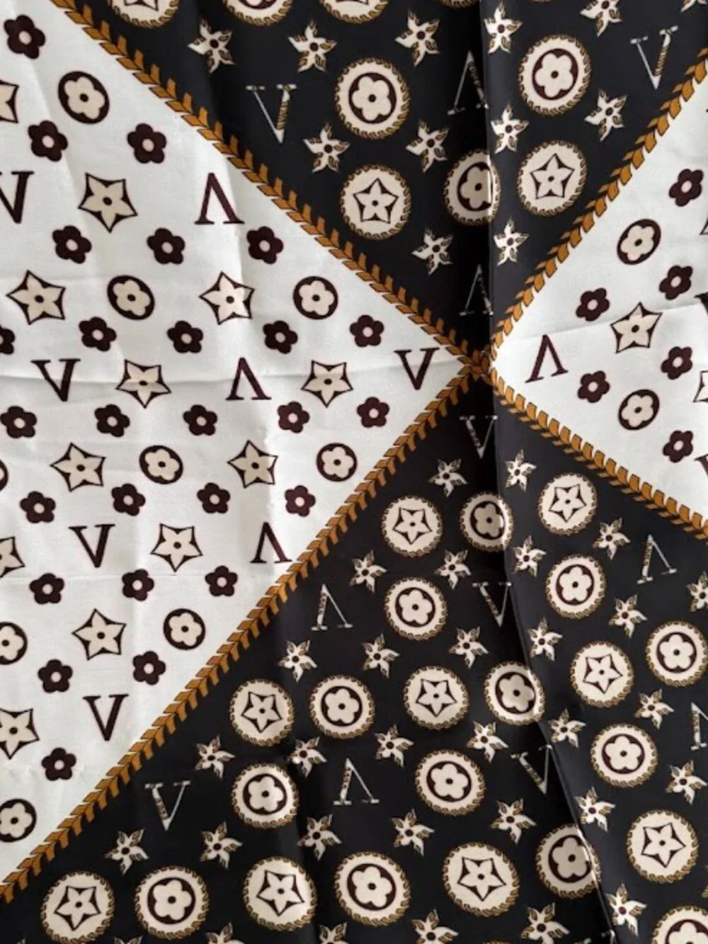 Black Ivory Gold Monogram Print Square Scarf Silky Satin Hair Neck Wrap